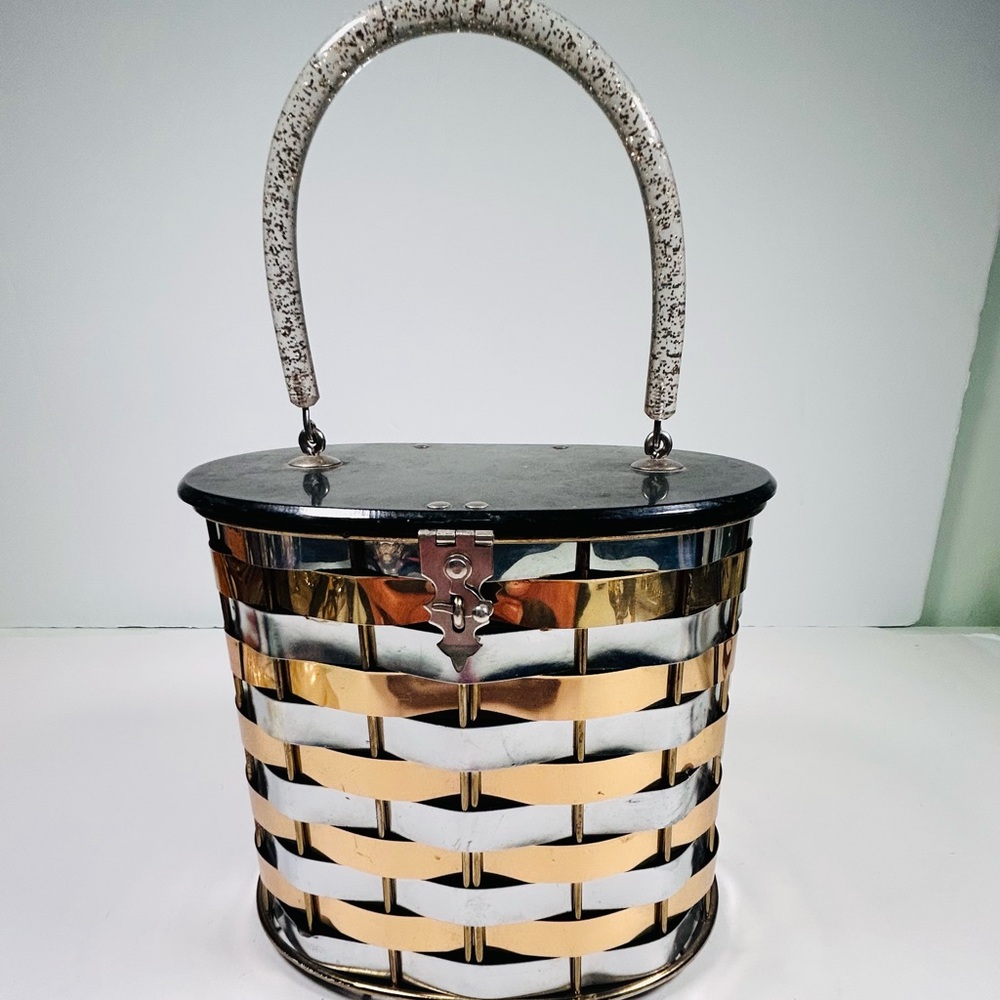 Vtg GOLDSTROM ORIGINAL FIFTH AVENUE  PURSE Mix Metals Lucite Lid & Handle